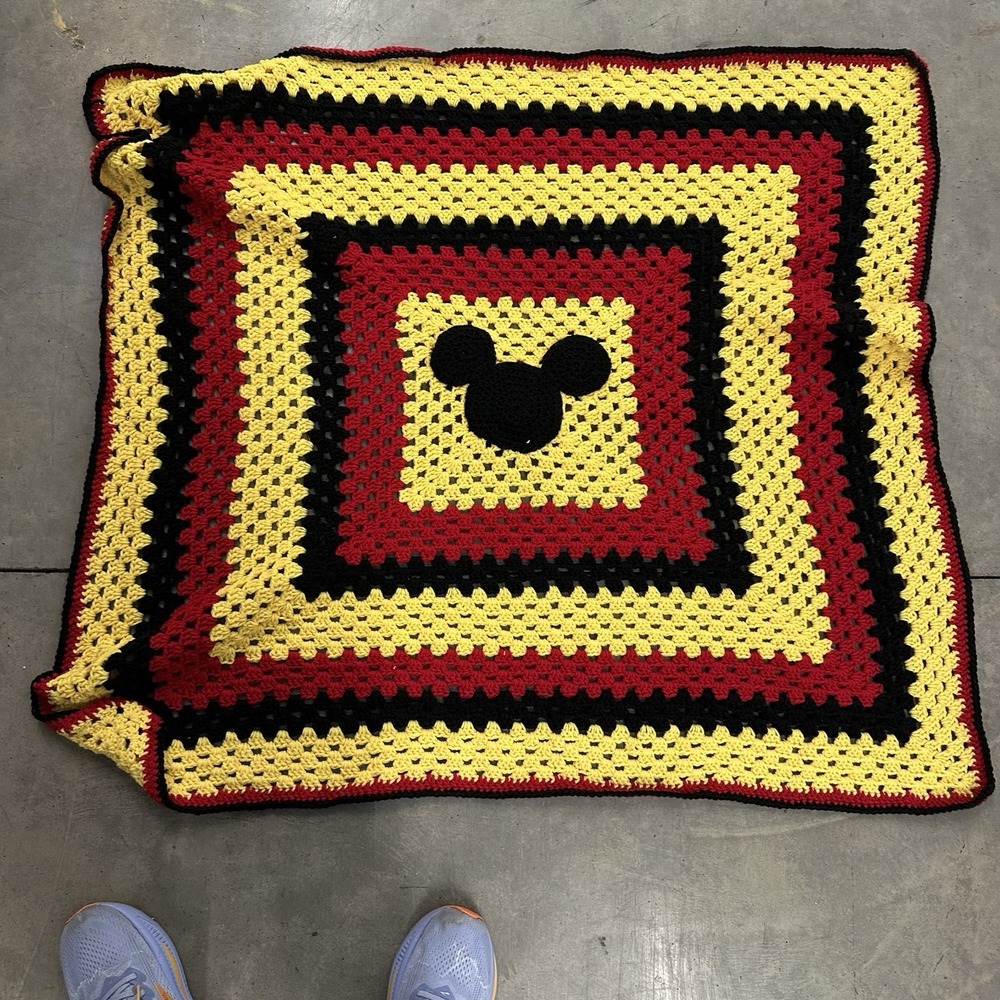 Hand Made Disney Crocheted Baby Blanket 36"x36" Red Yellow And Black Granny Styl